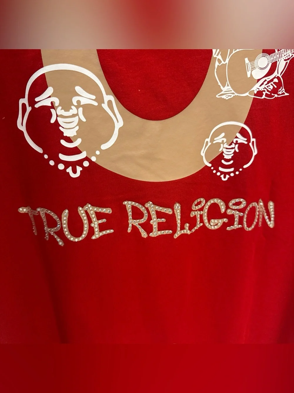 NWT True Religion Red floating Buddha Tee Horseshoe Graphic rhinestone Men’s L